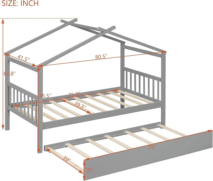 Merax Twin Size Wooden House Bed with Trundle, Wood Bed Frame with Roof for Kids, Teens, Boys or Girls, Grey