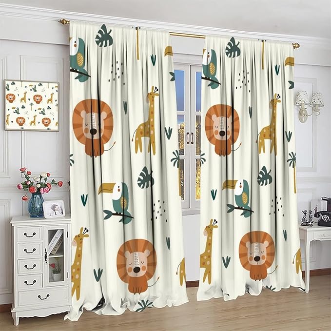 Cute Lion Window Curtains for Kids Bedroom,Cartoon Woodland Jungle Forest Wildlife Little Lion Giraffe Owl Palm Tree Printed Pattern Blackout Drapes for Living Room Baby Nursery Room 63x72in