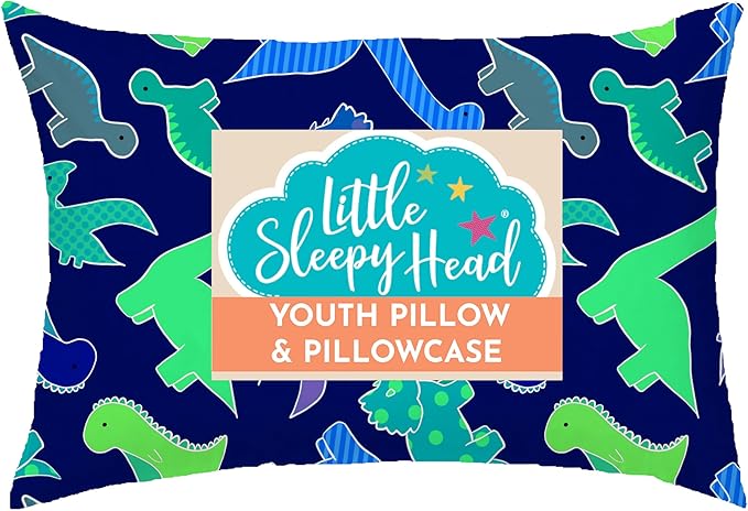 Little Sleepy Head Youth Pillow with Pillowcase 16x22, Soft Jumbo Toddler Pillow & Hypoallergenic Pillowcase - Best Kids Pillows for Sleeping, Perfect Kids Travel Pillow (Dinosaurs Blue)