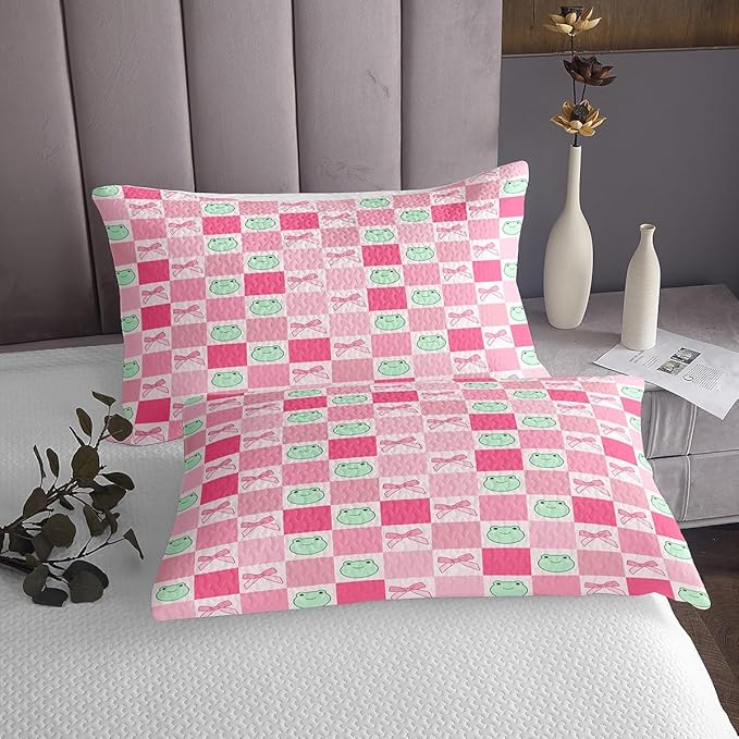 Manfei Cartoon Frog Kids Bedspread Queen Size,Pink Bowknot Bow Tie Butterfly Knot Coverlet Set,Girls Women Room Decor,Geometric Plaid Grid Patchwork Quilted Coverlet,Cute Bedding Quilt,2 Pillowcases