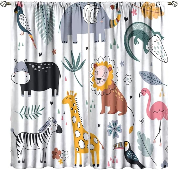 YCness Cartoon Forest Animals Curtains, Woodland Woodland Wild Giraffe Zebra Lion Hippopotamus Window Treatments for Kids Bedroom Living Room Home Nursery Drapes, 63x72 Inch