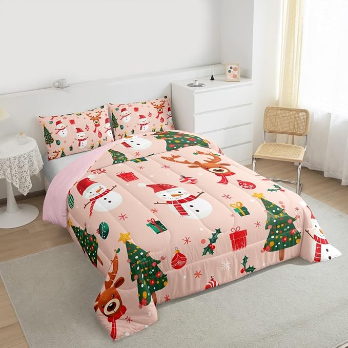 Feelyou Christmas Comforter Set Twin Size Snowman Bedding Set for Kids Boys Girls Deer Xmas Tree Duvet Quilt New Year Gift Bedroom Decor Snowflake Microfiber 2 Pcs with 1 Pillow Cases
