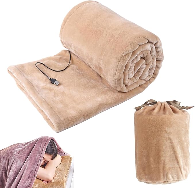 Portable Heated Blanket Throw - USB Charging Flannel Electric Blankets, Fast Heating Warming Winter Throw Blanket for Women, Machine Washable (Beige, 55X31 Inches)