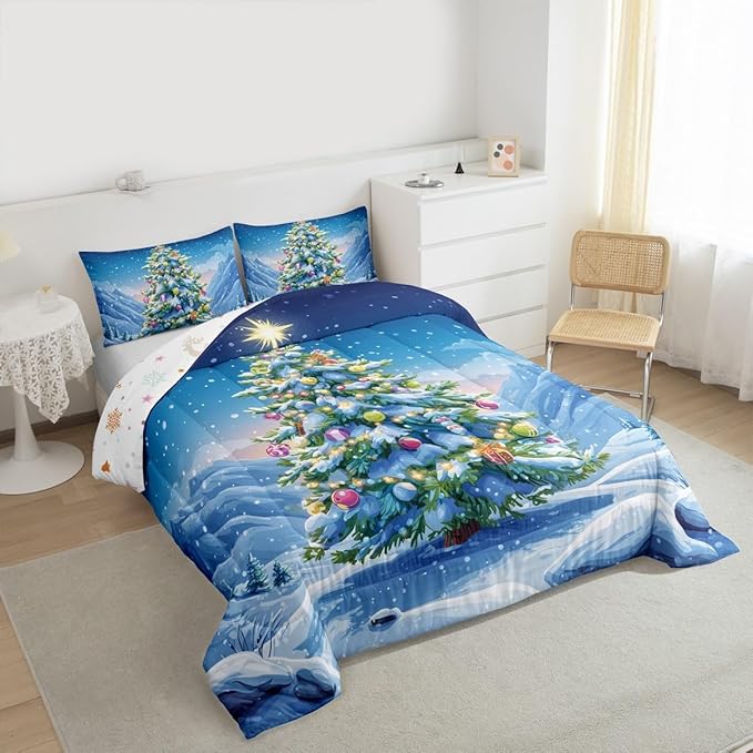 Feelyou Christmas Comforter Set King Size Xmas Tree Bedding Set for Kids Boys Girls Winter Snowflake Duvet Quilt Christmas Tree Ornaments Bedroom Decor Microfiber 3 Pcs with 2 Pillow Cases