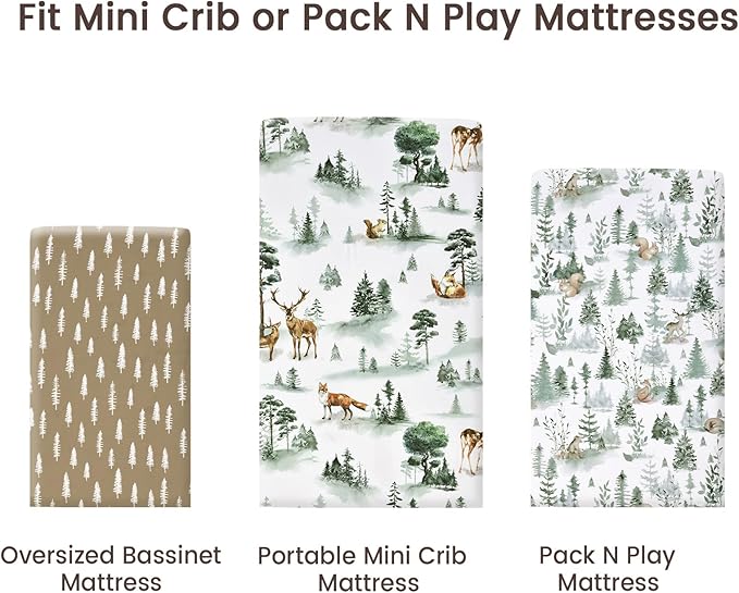 PHF 3 Pack Soft Mini Crib Sheets, Woodland Silky Pack N Play Sheets for Baby Boys Girls Neutral, Universal Fit for Pack N Play, Playard, Portable and Mini Crib Mattresses, Woodland