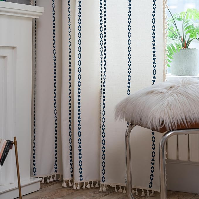 Deeprove Navy Blue Boho Curtain 84 inches Long for Bedroom, Vintage Bohemian Embroidery Farmhouse Cotton Royal Blue Striped Linen Country Tassel Window Treatments Decor, W52 x L84, 1 Panel