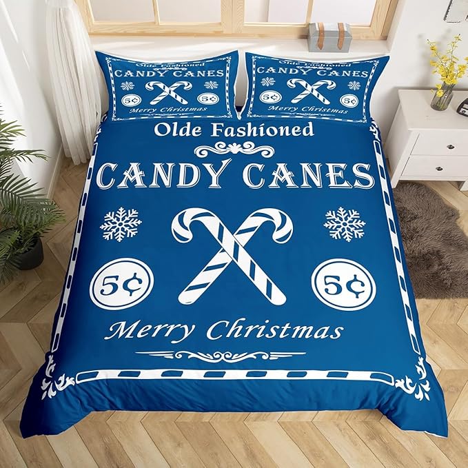 jejeloiu Christmas Bedding Set Twin Size Kids Christmas Quote Comforter Cover Set for Boys Girls Teens Candy Canes Print Duvet Cover Xmas Bedspread Cover Room Decorations Blue Quilt Cover