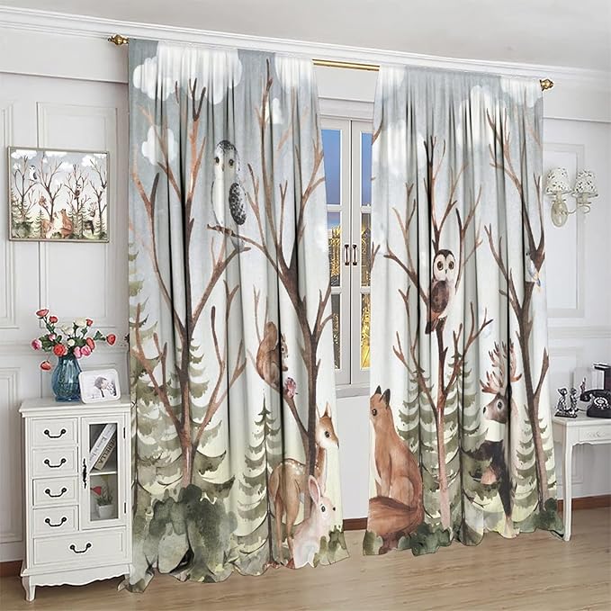 Forest Curtains, Cartoon Woodland Animals Tree Birds Moose Rabbit Mushroom Print Pattern Kids Bedroom Window Treatments Curtains 84x84in