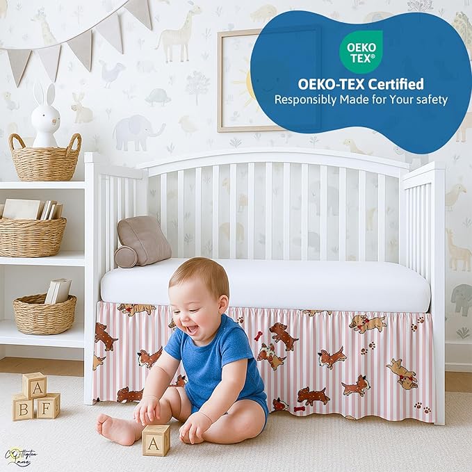 Cottington Lane Crib Skirt Dust Ruffle, 100% Natural Cotton, Soft, Durable Nursery Crib Toddler Bedding Skirt for Baby Girls or Boys, Fits Standard Cribs 28" x 52" with 14" Drop, Puppy Love