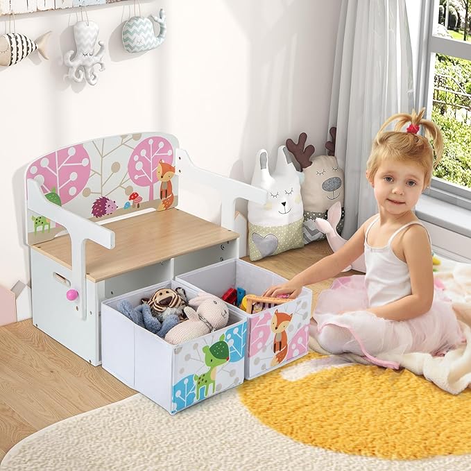 HONEY JOY Kids Table and Chair Set, 3-in-1 Convertible Wooden Toy Storage Bench with Handle, 2 Bins for Kids Reading Nook, Toddler Table and Chair Set for Daycare Playroom Classroom (White)