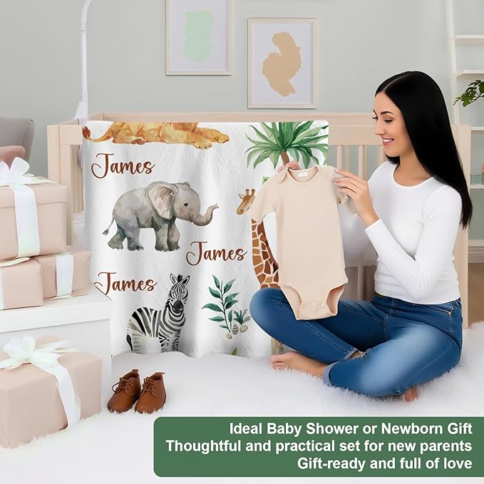 Personalized Baby Crib Bedding Set,3 Piece Custom Name Nursery Set with Blanket, Fitted Sheet & Pillowcase for Baby Girls & Boys, Safari Animals Theme(Fixed Size)