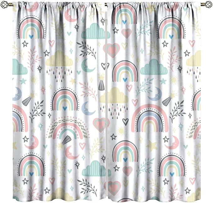Boho Rainbow Curtains for Kids Nursery Colorful Floral Sun Star Clouds Pastel Bohemian Pattern Print Window Drapes for Girl Bedroom Living Room Kitchen Decor,2 Panel Set,42Wx54H Inch Blackout