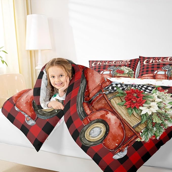 Kids Christmas Truck Comforter Set King Size,Floral Leaves Romantic Bedding,Girls Boys Adults Bedroom/Xmas Cabin Decor,Geometric Plaid Retro Down Comforter,Rustic Farm Duvet Insert,2 Pillowcases