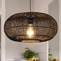 Rattan Pendant Light 15.75" 1-Light Hand-Woven Bamboo Rattan Hanging Lamp Large Globe Wicker Chandelier Modern Bohemian Adjustable Pendant Lamp for Kitchen Island Farmhouse Outdoor Porch Black.…