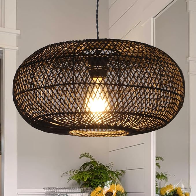 Rattan Pendant Light 15.75" 1-Light Hand-Woven Bamboo Rattan Hanging Lamp Large Globe Wicker Chandelier Modern Bohemian Adjustable Pendant Lamp for Kitchen Island Farmhouse Outdoor Porch Black.…