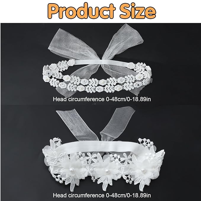 2 Pack 18-20in Elegant White Flower Christening Headbands for Baby Girl, Elastic Soft Lace with Cute Tulle Pearl Hair Strap (Double row of small lace)