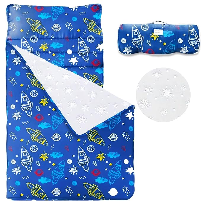 Toddler Nap Mat with Removable Pillow and Blanket, Cot Nap Mats for Daycare Preschool Kindergarten, Roll Up Lightweight Portable Travel Sleeping Bag, Blue Space