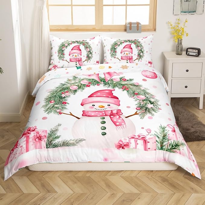 Manfei Christmas Kids Duvet Cover Set Twin Size, Cute Snowman Holly Leaf Bedding Set for Boys Girls Adult, Pink Bowknot Xmas Comforter Cover, Lightweight Bedspread Cover, 1 Pillowcase, No Comforter