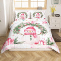 Manfei Christmas Kids Duvet Cover Set Queen Size, Cute Snowman Holly Leaf Bedding Set for Boys Girls Adult, Pink Bowknot Xmas Comforter Cover, Lightweight Bedspread Cover, 2 Pillowcases, No Comforter