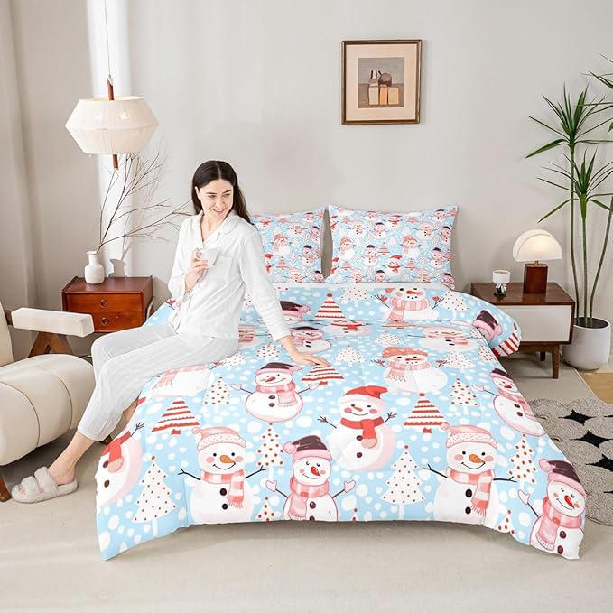 Manfei Christmas Comforter Set Twin Size, Snowman and Xmas Trees Bedding Set 2pcs for Kids Girls Adults Bedroom Decor, New Year Blue Down Comforter Soft Polyester Quilt Set with 1 Pillowcase
