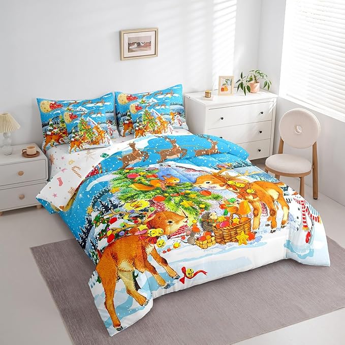 Christmas Decorations Bed in a Bag Xmas Deer Pine Tree Bed Set for Kids Boys Girls Merry Christmas Comforter Set with Sheets Winter Festival Present Bedding Set Bedding King Size