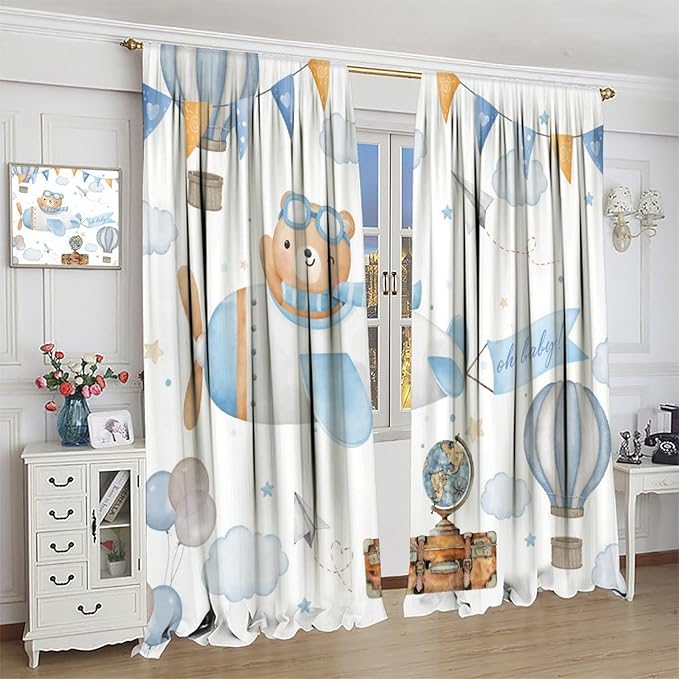 Blue Bear Curtains, Cute Lovely Bear Adventure Airplane Cloud Pastel Blackout Window Treatments, Rod Pocket Thermal Insulated Drapes 2 Panel Sets for Kids Bedroom Nursery Classroom, 42"W X 45"L