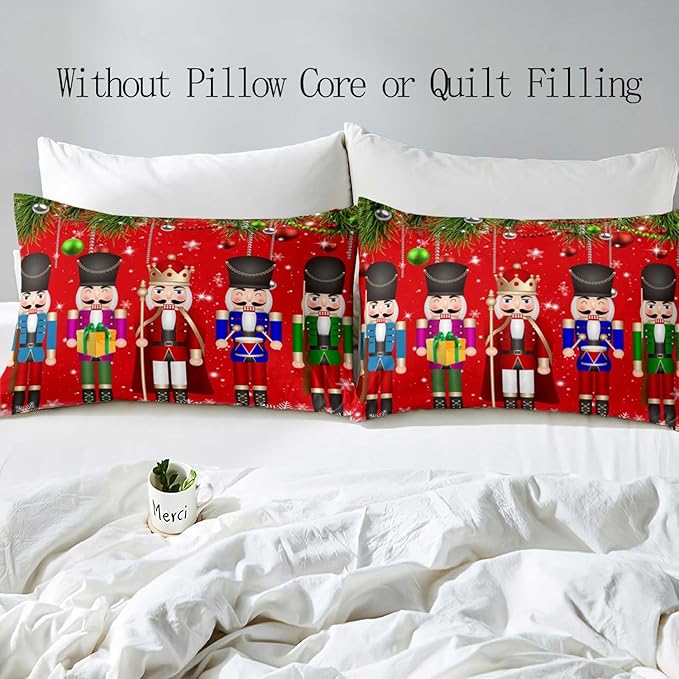 LUVIVIHOME 3PCS Christmas Nutcracker Duvet Cover Full Bedding Set, Teens Boys Girls Kids Bedding, Christmas Balls Snowflake Winter Holiday Festival Xmas Gifts Red Comforter Quilt Cover, 2 Pillow Shams