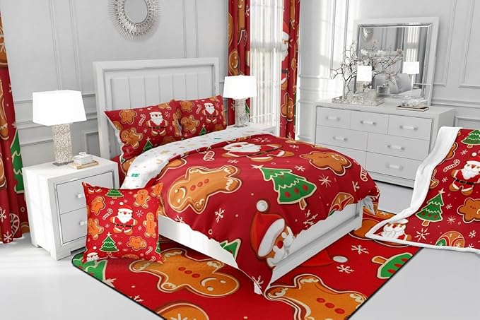 Feelyou Christmas Kids Comforter Set King Size Santa Bedding Set Gingerbread Man Duvet Quilt for Kids Boys Girls Bedroom Xmas Tree Snowflake Decor Microfiber Ultra Soft Breathable