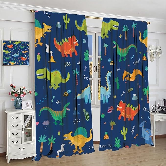 Funny Dinosaur Blackout Curtains Colorful Cartoon Animals Dino Tropical Plant Art Print for Kids Boys Bedroom Living Room Rod Pocket Decoration Window Drapes 2 Panels W31.5xL63in