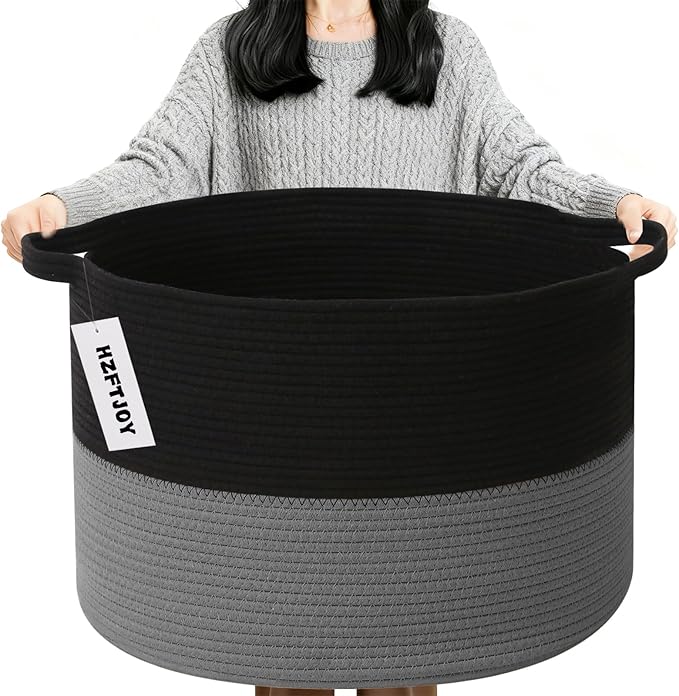 Large Blanket Basket for Organizing,115L Closet Organizers and Storage Bins Box for Shelves Woven Rope Storage Baskets,Living Room,Bedroom,Dorm,Laundry room (Black&Dark Grey)