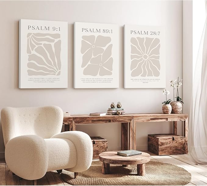 Scripture Christian Wall Art Set of 3 Beige Bible Verses Wall Decor Neutral Psalm Canvas Wall Art Modern Pictures Flower Prints Christian Artwork for Living Room Bedroom 12x16 Inch Ready to Hang