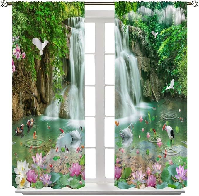 Scenery Waterfall Blackout Curtains, China Country Landscapes Nature Pattern Window Drapes, for Bedroom Living Room 52" W X 84" L