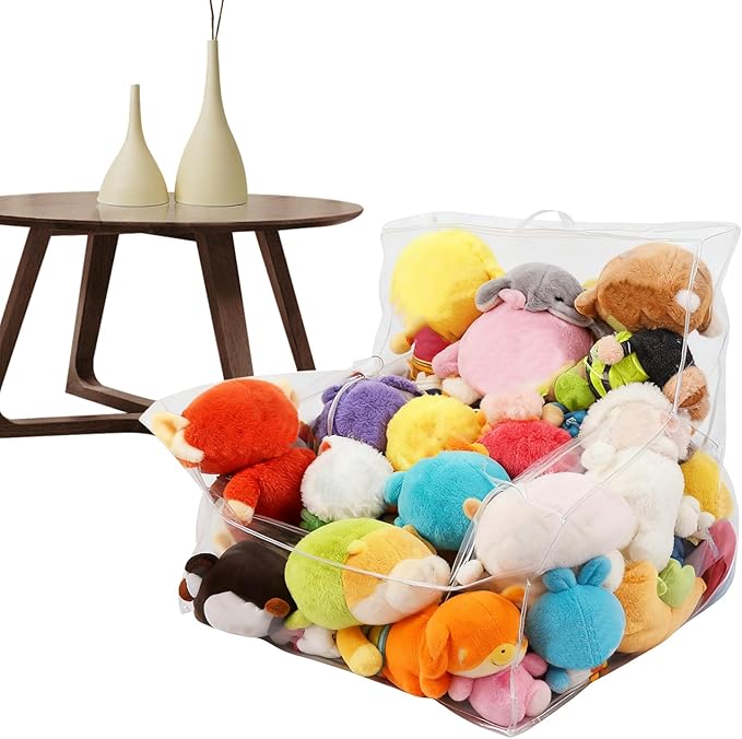 Bean Bag Chair for Stuffed Animals - Large Clear Plush Toy Storage with Soft Fabric Cover, Durable Zipper Closure with Easy Access Function, Organizer Chair for Bedroom Playroom Living Room Closet