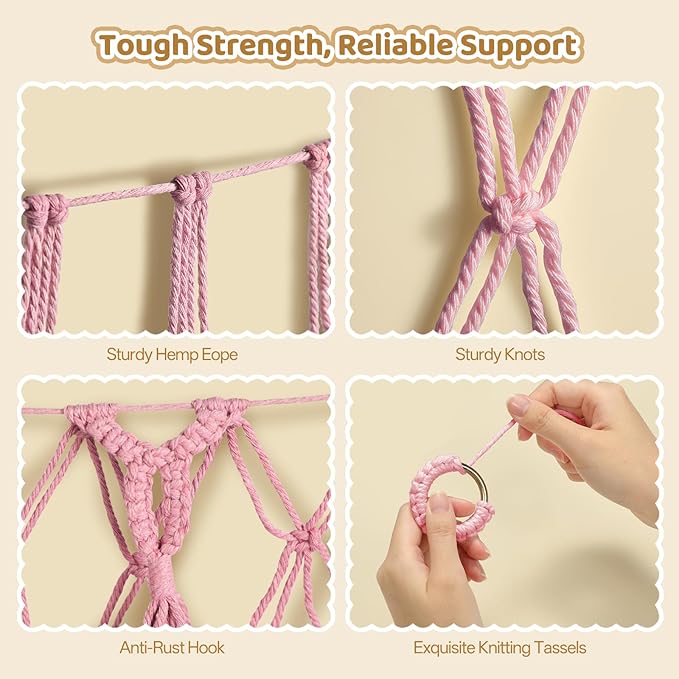 Yecaye 60 IN Stuffed Animal Hammock, Hanging Stuffed Animal Storage with Handmade Macrame Tassels, Net for Stuffed Animals Corner Large for Nursery Living Room Wall Decoration, Fairy Pink