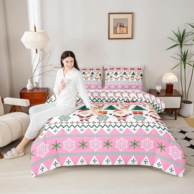Feelyou Merry Christmas Comforter Set All Season Santa Claus Bedding Set with 1 Pillow Cases Cute Deer Microfiber Kids Twin Bedclothes Snowflake Bedroom Decor Duvet Quilt Breathable Soft