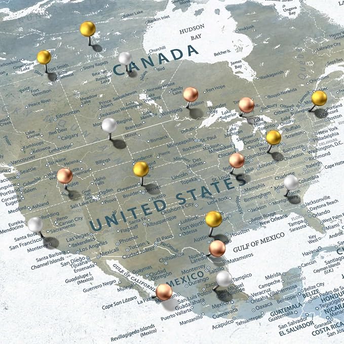 ElephantStock - Home With You II Push Pin World Map Wall Art - Horizontal Canvas Wall Art - Living Room Wall Decor - Digital Art Map Canvas Art - Blue And Gray Decor - 36" x 24"