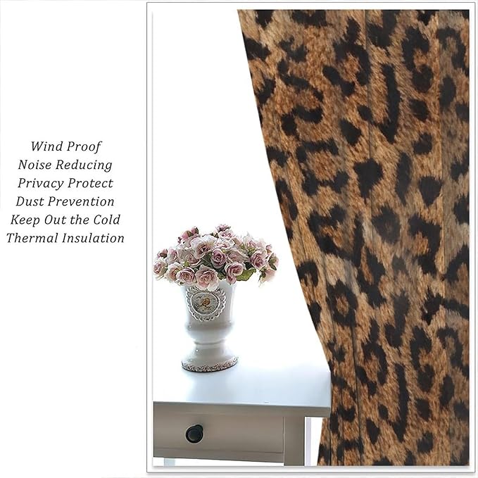 Leopard Print Window Curtains, Animal Fur Skin Brown Farmhouse Wild 3D Rustic Safari Theme Window Treatments for Kids Bedroom Living Room 63" W X 63" L