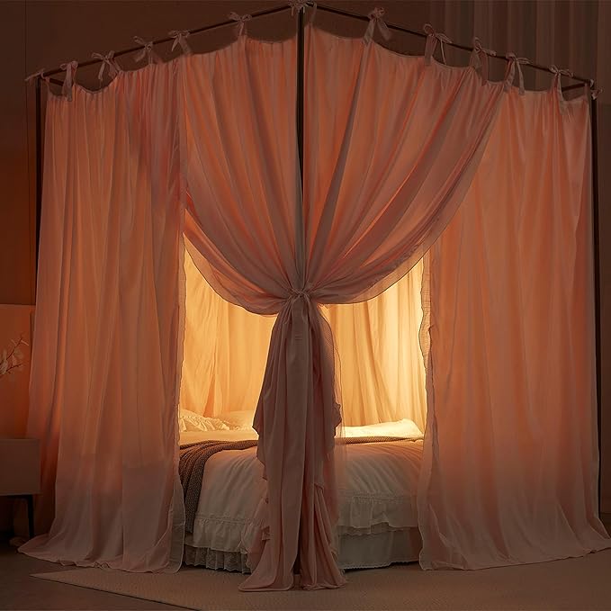4 Corners Post Princess Curtain Bed Canopy Double Layer Cozy Mosquito Net Mesh and Cloth for Girls Adults Bedroom Decoration (Double-Beigepink/White, 59" W*82" L*82"*H/(Queen))