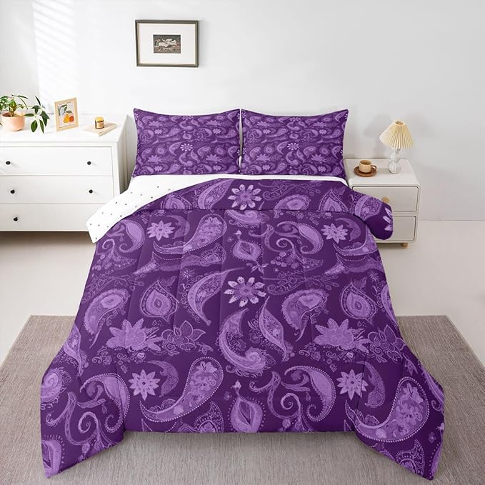 Feelyou Vintage Purple Floral Bedding Set Queen Size, Paisley Floral Comforter Set Boho Floral Comforter for Kids Toddler Paisley Duvet Set Microfiber Bed Set