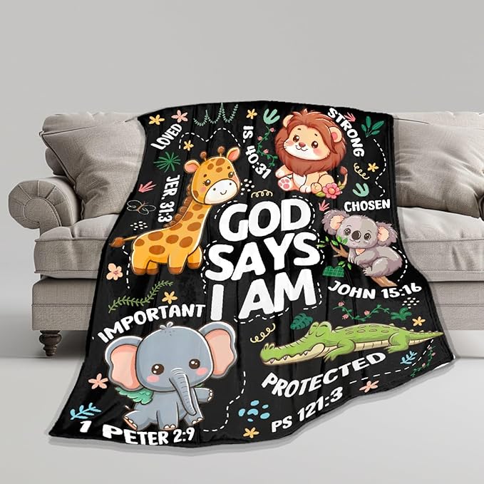 Bible Verse Blanket, Christian Gifts, God Says I am Blankets,Giraffe Lion Koala Elephant Print Animal Blankets, Cute Religious Baptism Gift for Son,Animals Lover Room Bed Decoration, 50"x60"