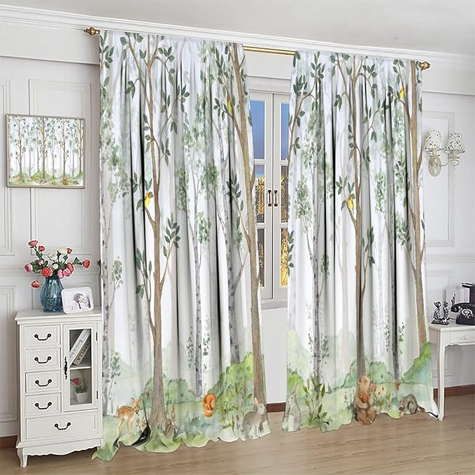 Kids Animal Curtains, Watercolor Natural Forest Animal Hedgehog Fox Butterfly Rabbits Forest Print Curtain Boys and Girl Bedrooms 42x45 Inch