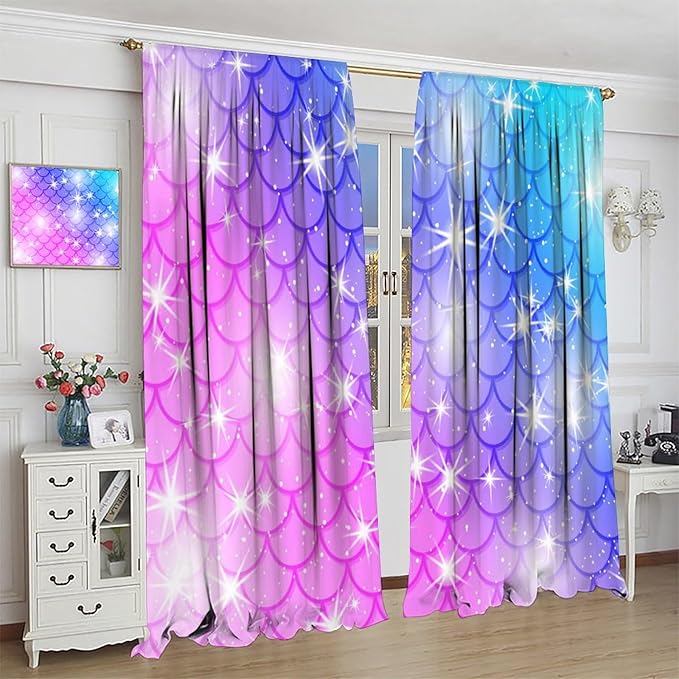 Mermaid Blackout Curtains, Kids Cartoon Blue and Pink Ocean Mermaid Scale Pattern Decoration for Girls Bedroom Nursery Curtains 42x54 Inch