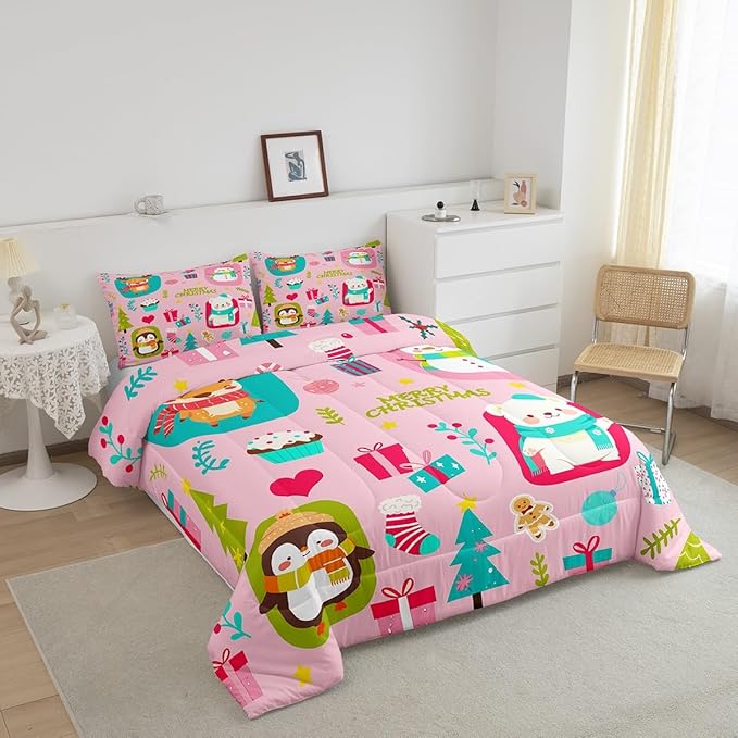 Erosebridal Christmas Cartoon Bedding Set for Kids Cute Snowman Bear Comforter Set King Size Xmas Tree Deer Elk Reversible Quilts Kawaii Penguin Animal Duvet Insert Room Decor