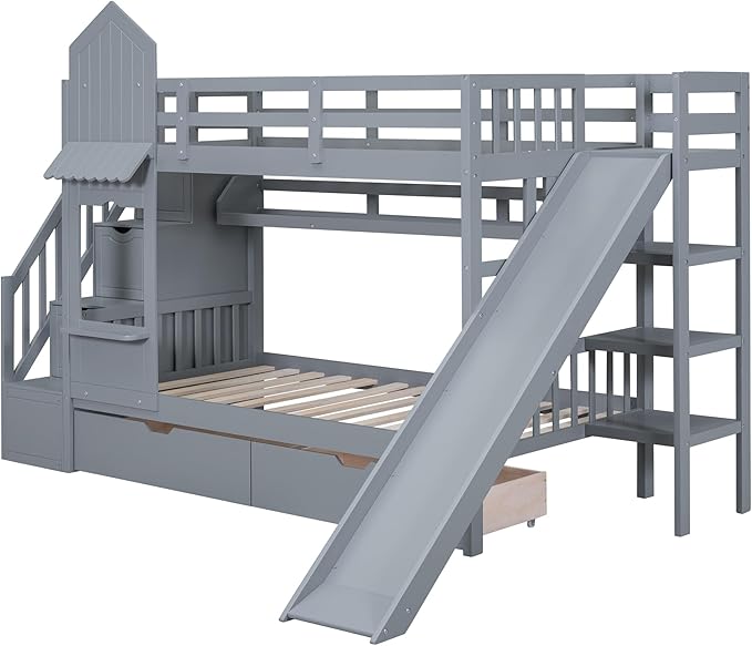 Twin-Over-Twin Castle Style Bunk Bed with 2 Drawers and 3 Shelves, Wood Bunk Bed Frame with Slide and Storage Staircase for Kids Teens Boys Girls, Maximize Space Savings