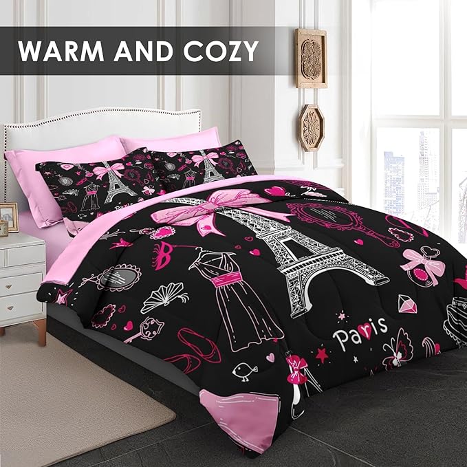 5 Pcs Twin Size Comforter Set with Pillowcase & Sham, Paris Eiffel Tower Bedding for Kids and Adults, Cute Pink Makeup Fashion Dress Bed in a Bag with Flat Fitted Sheet