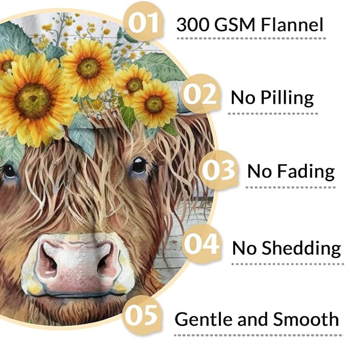 Highland Cow Blanket for Adults, 80x60 Inches Aesthetic Yellow Sunflower Throw Blanket Decor for Bed Couch Sofa