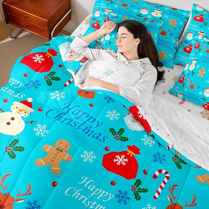 Christmas Deer Comforter Set With Sheets 7 Piece Queen Size Cute Gingerbread Man Bedding Set for Kids Boys Girls Christmas Santa Claus Bed in a Bag Reversible Xmas Decor Room Decor Soft Lightweight