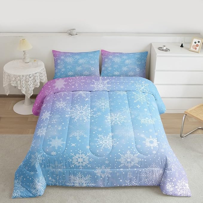 Feelyou Christmas Comforter Set All Season Winter Snowflake Bedding Set with 2 Pillow Cases Blue Purple Gradient Microfiber Kids King Bedclothes Bedroom Decor Duvet Quilt Breathable Soft Lightweight