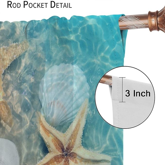 Beach Curtain for Bathroom Decor，Sea Turtle Starfish Seashell Nautical Ocean Coastal Scenery Art Printed Fabric Polyester Waterproof Set 2 Panels,84x84 Inches