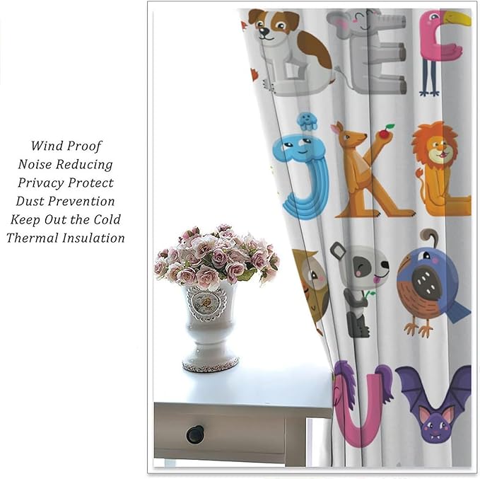 Kids Alphabet Curtains Cartoon Animal Baby Children Funny Learning Educational Curtain with Rod Pocket for Bedroom Nursery Decor Drapes Window Treatments 2 Panels Set 42x63in
